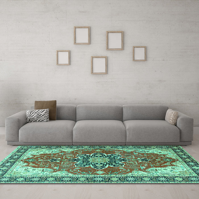 Machine Washable Medallion Turquoise Traditional Area Rugs in a Living Room,, wshtr1028turq