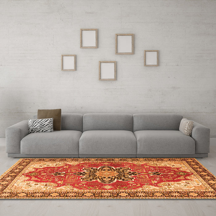 Machine Washable Medallion Orange Traditional Area Rugs in a Living Room, wshtr1028org