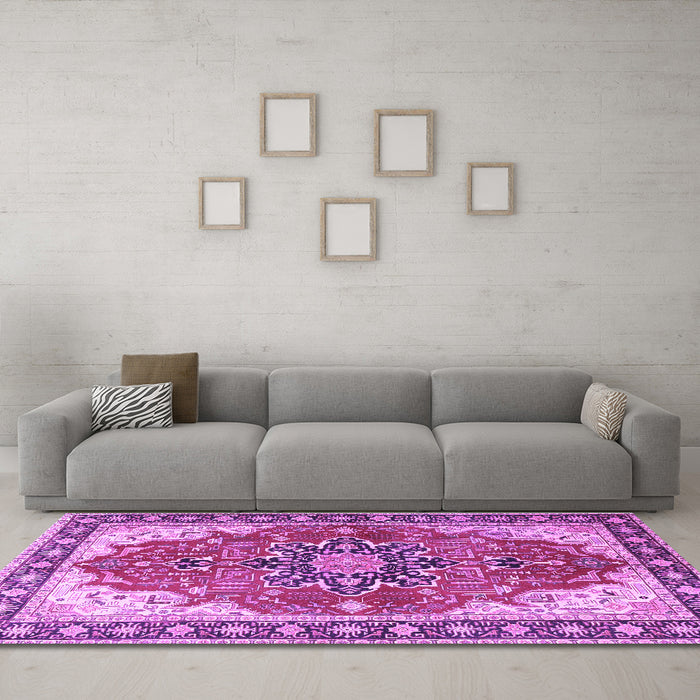 Machine Washable Medallion Purple Traditional Area Rugs in a Living Room, wshtr1028pur