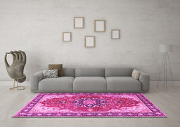 Machine Washable Medallion Pink Traditional Rug in a Living Room, wshtr1028pnk
