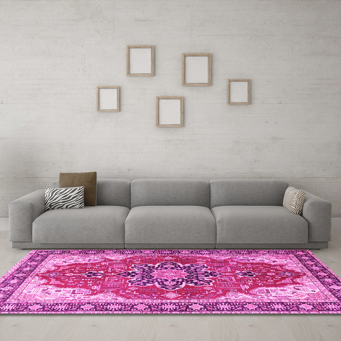 Machine Washable Medallion Pink Traditional Rug in a Living Room, wshtr1028pnk