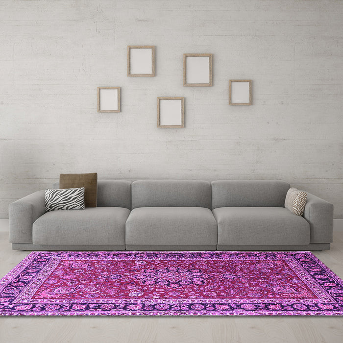 Machine Washable Medallion Purple Traditional Area Rugs in a Living Room, wshtr1029pur