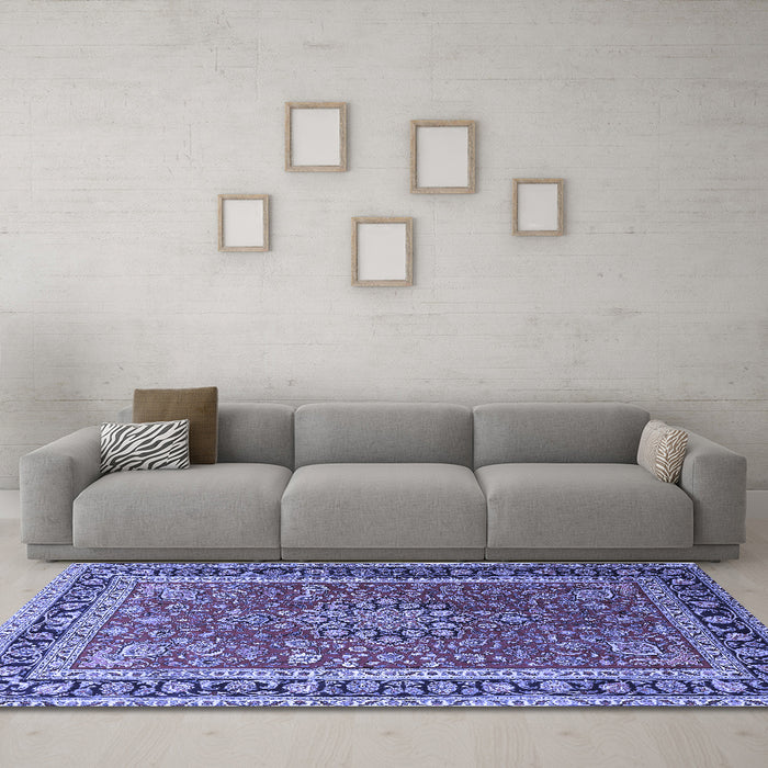Machine Washable Medallion Blue Traditional Rug in a Living Room, wshtr1029blu