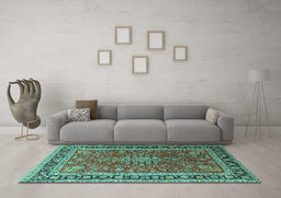 Machine Washable Medallion Turquoise Traditional Area Rugs in a Living Room,, wshtr1029turq