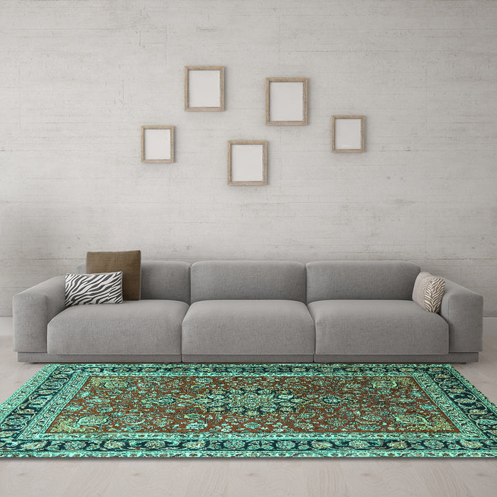 Machine Washable Medallion Turquoise Traditional Area Rugs in a Living Room,, wshtr1029turq