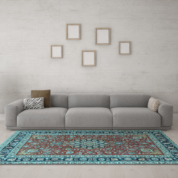 Machine Washable Medallion Light Blue Traditional Rug in a Living Room, wshtr1029lblu