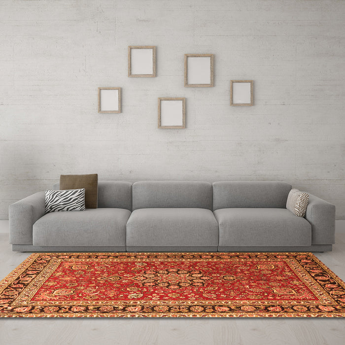 Machine Washable Medallion Orange Traditional Area Rugs in a Living Room, wshtr1029org