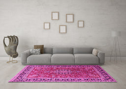 Machine Washable Medallion Pink Traditional Rug in a Living Room, wshtr1029pnk