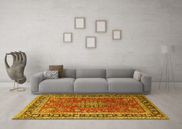 Machine Washable Medallion Yellow Traditional Rug in a Living Room, wshtr1029yw