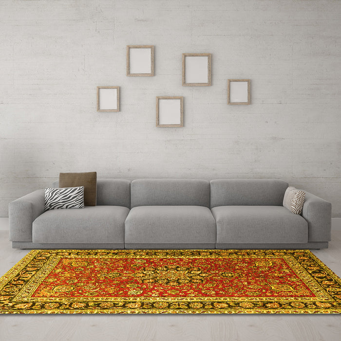 Machine Washable Medallion Yellow Traditional Rug in a Living Room, wshtr1029yw
