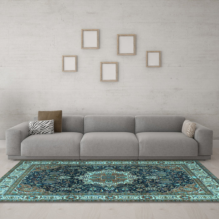 Machine Washable Medallion Light Blue Traditional Rug in a Living Room, wshtr1030lblu