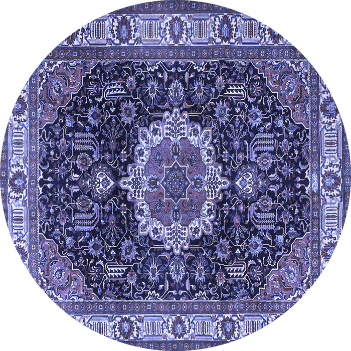 Round Machine Washable Medallion Blue Traditional Rug, wshtr1030blu