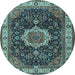 Round Machine Washable Medallion Light Blue Traditional Rug, wshtr1030lblu