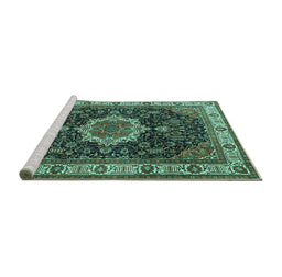 Sideview of Machine Washable Medallion Turquoise Traditional Area Rugs, wshtr1030turq