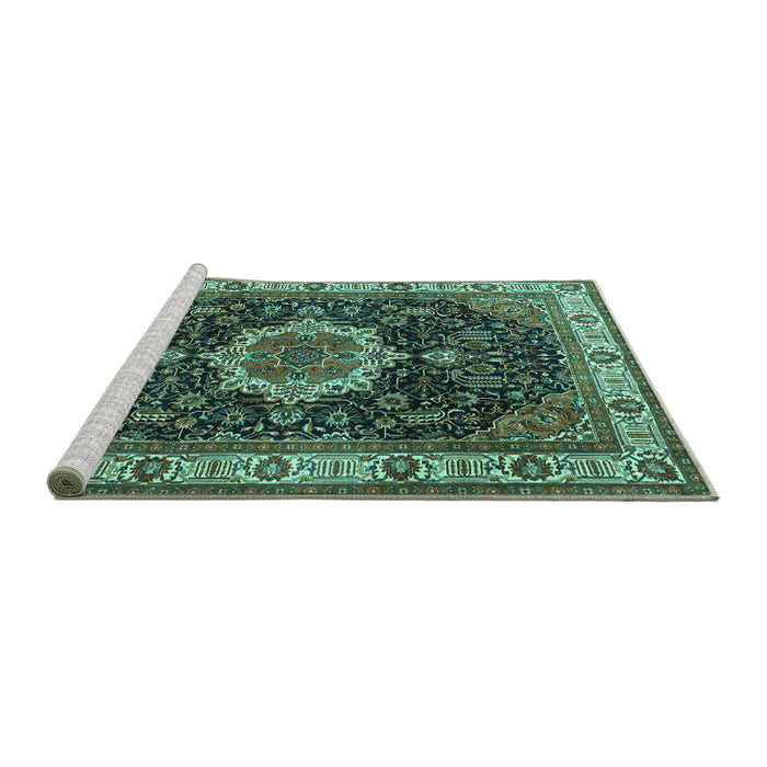 Sideview of Machine Washable Medallion Turquoise Traditional Area Rugs, wshtr1030turq