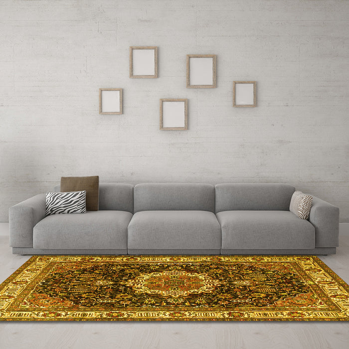 Machine Washable Medallion Yellow Traditional Rug in a Living Room, wshtr1030yw