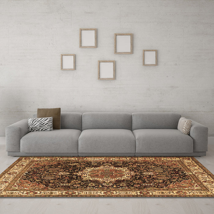 Machine Washable Medallion Brown Traditional Rug in a Living Room,, wshtr1030brn