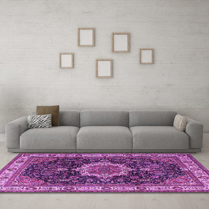 Machine Washable Medallion Purple Traditional Area Rugs in a Living Room, wshtr1030pur