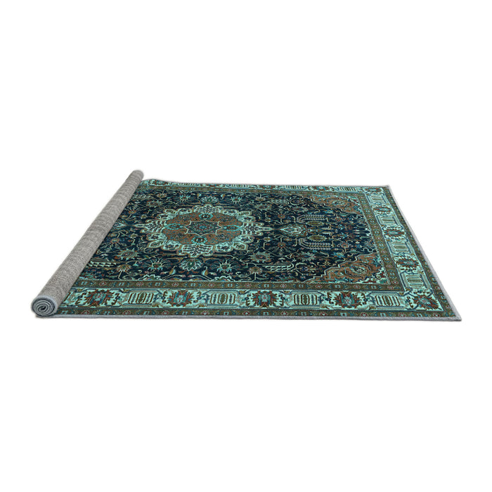 Sideview of Machine Washable Medallion Light Blue Traditional Rug, wshtr1030lblu