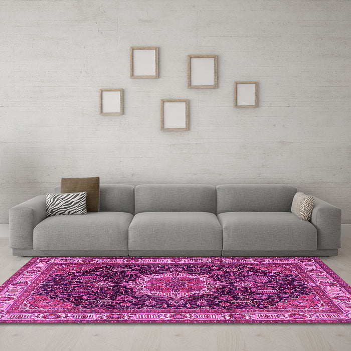 Machine Washable Medallion Pink Traditional Rug in a Living Room, wshtr1030pnk