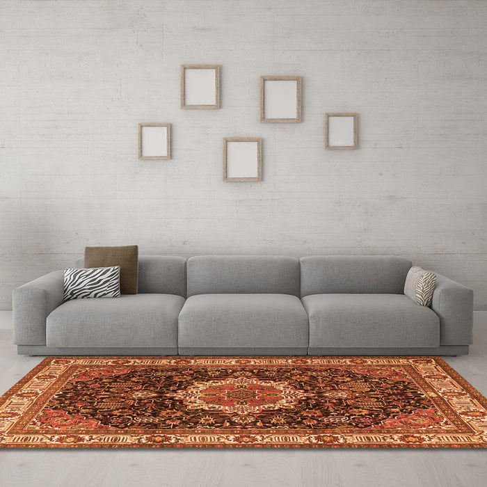 Machine Washable Medallion Orange Traditional Area Rugs in a Living Room, wshtr1030org