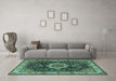 Machine Washable Medallion Turquoise Traditional Area Rugs in a Living Room,, wshtr1030turq