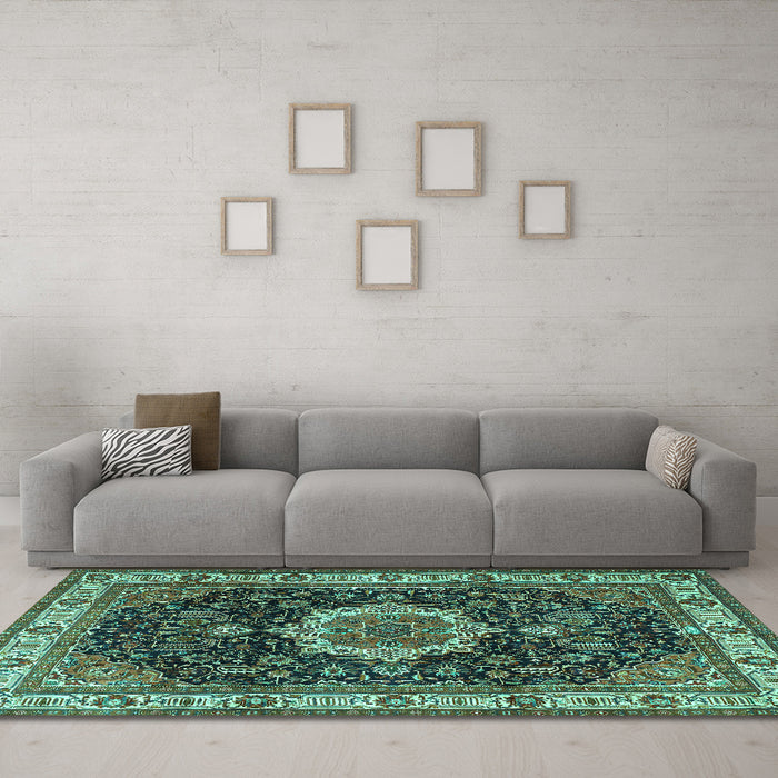 Machine Washable Medallion Turquoise Traditional Area Rugs in a Living Room,, wshtr1030turq