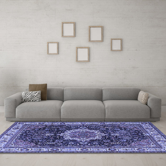 Machine Washable Medallion Blue Traditional Rug in a Living Room, wshtr1030blu