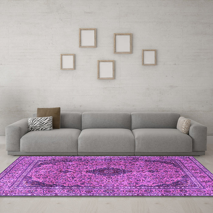 Machine Washable Medallion Purple Traditional Area Rugs in a Living Room, wshtr1031pur