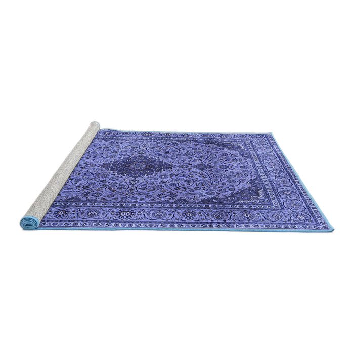 Sideview of Machine Washable Medallion Blue Traditional Rug, wshtr1031blu