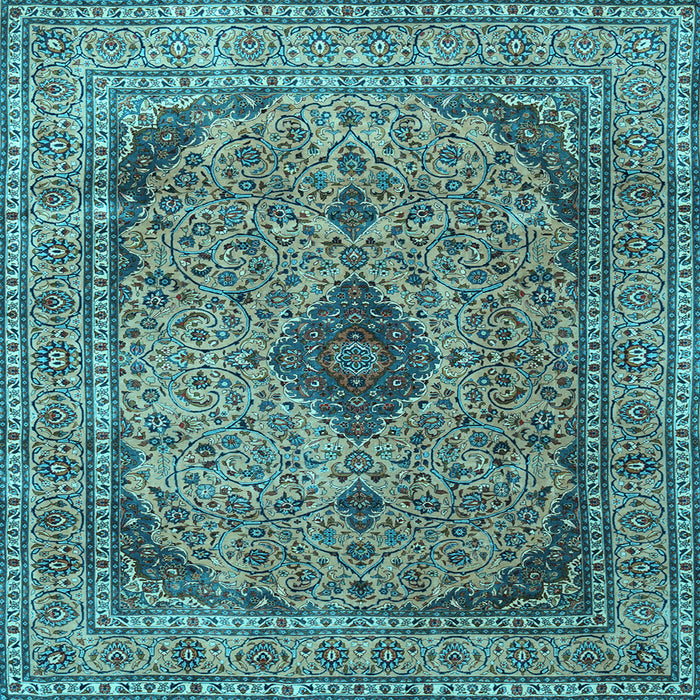 Square Machine Washable Medallion Light Blue Traditional Rug, wshtr1031lblu
