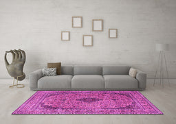 Machine Washable Medallion Pink Traditional Rug in a Living Room, wshtr1031pnk