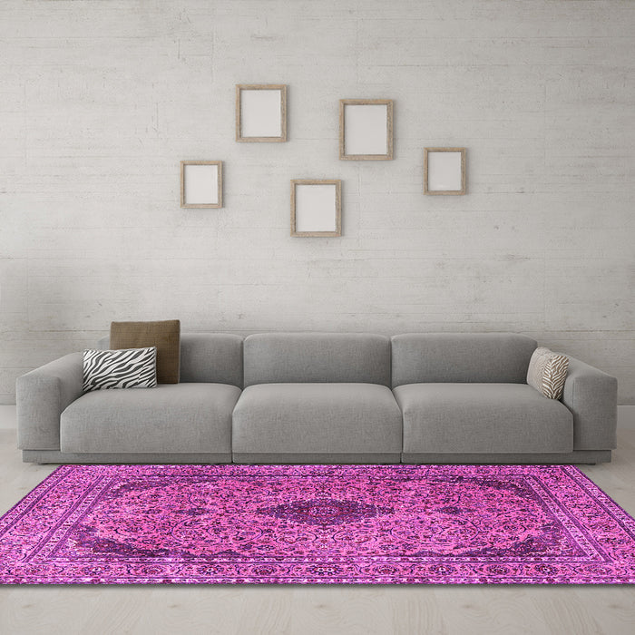 Machine Washable Medallion Pink Traditional Rug in a Living Room, wshtr1031pnk