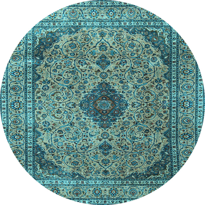 Round Machine Washable Medallion Light Blue Traditional Rug, wshtr1031lblu