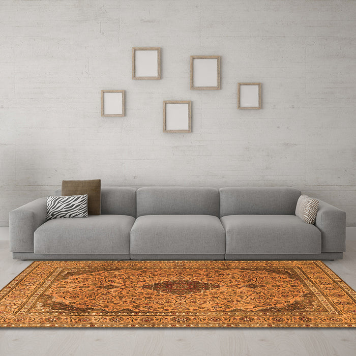 Machine Washable Medallion Orange Traditional Area Rugs in a Living Room, wshtr1031org