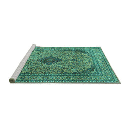 Sideview of Machine Washable Medallion Turquoise Traditional Area Rugs, wshtr1031turq