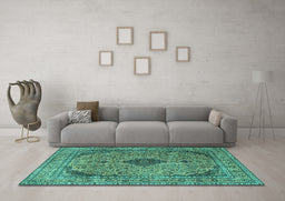 Machine Washable Medallion Turquoise Traditional Area Rugs in a Living Room,, wshtr1031turq