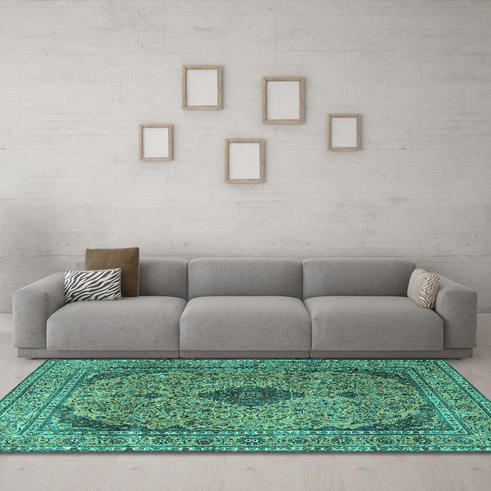 Machine Washable Medallion Turquoise Traditional Area Rugs in a Living Room,, wshtr1031turq