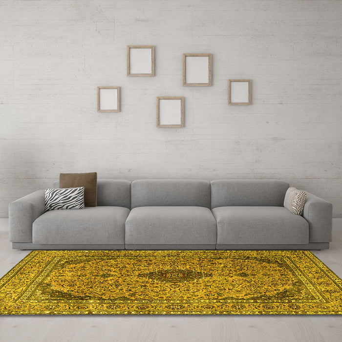 Machine Washable Medallion Yellow Traditional Rug in a Living Room, wshtr1031yw