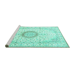 Sideview of Machine Washable Medallion Turquoise Traditional Area Rugs, wshtr1032turq