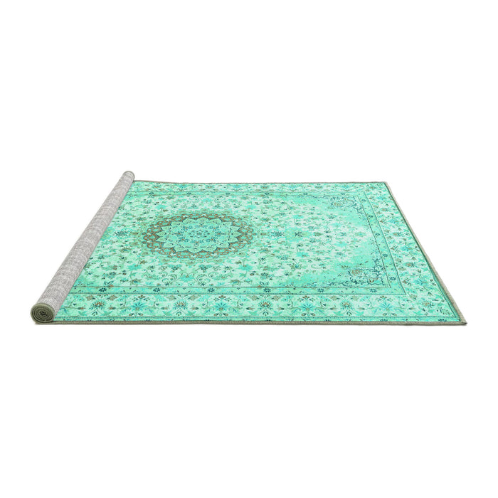 Sideview of Machine Washable Medallion Turquoise Traditional Area Rugs, wshtr1032turq