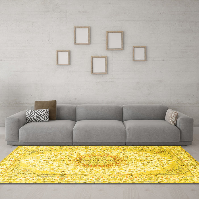 Machine Washable Medallion Yellow Traditional Rug in a Living Room, wshtr1032yw