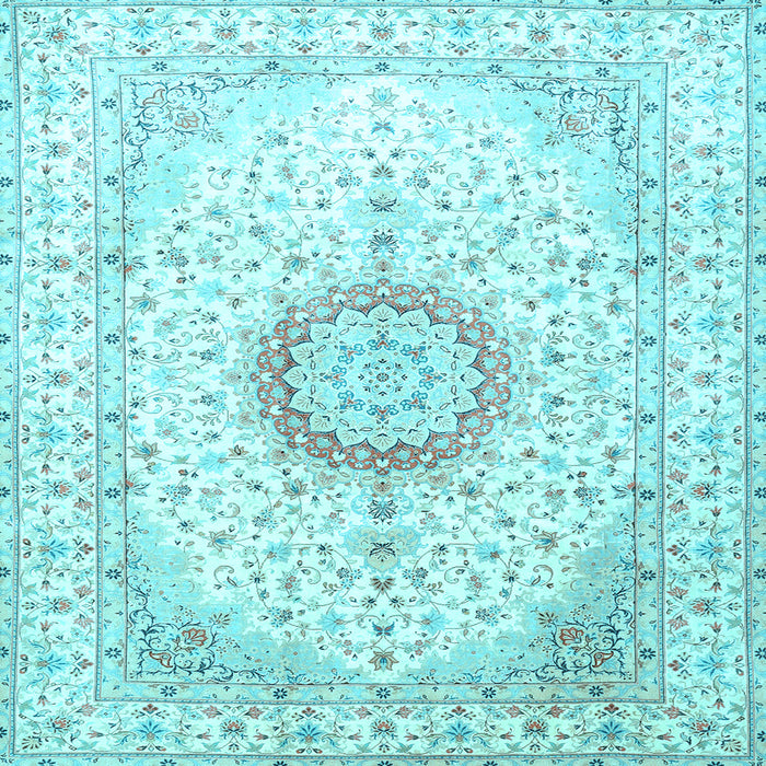 Square Machine Washable Medallion Light Blue Traditional Rug, wshtr1032lblu