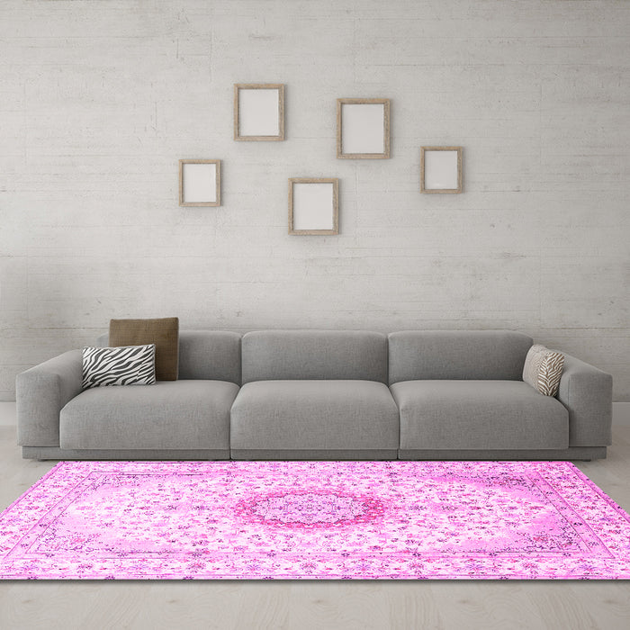 Machine Washable Medallion Pink Traditional Rug in a Living Room, wshtr1032pnk