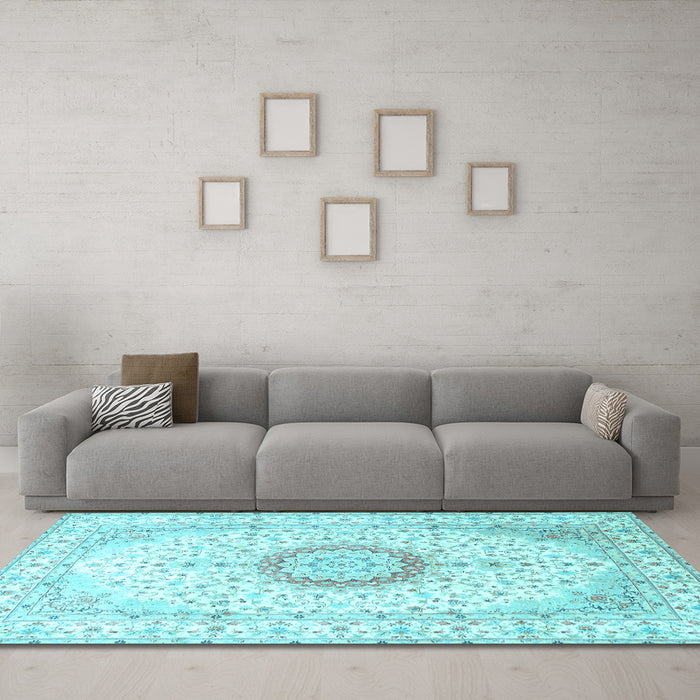 Machine Washable Medallion Light Blue Traditional Rug in a Living Room, wshtr1032lblu