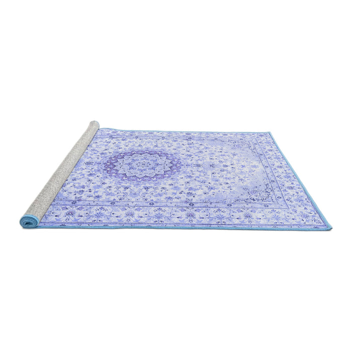 Sideview of Machine Washable Medallion Blue Traditional Rug, wshtr1032blu