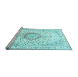 Sideview of Machine Washable Medallion Light Blue Traditional Rug, wshtr1032lblu