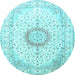 Round Machine Washable Medallion Light Blue Traditional Rug, wshtr1032lblu