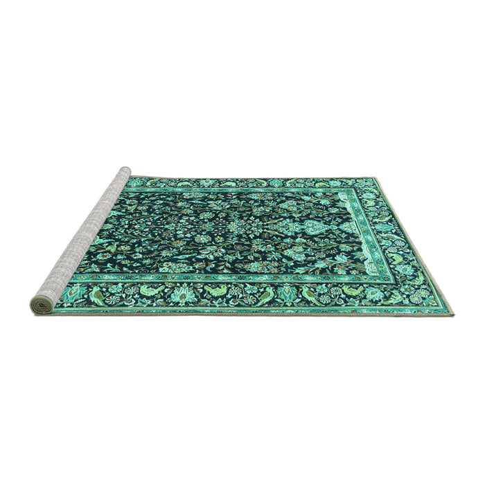 Sideview of Machine Washable Persian Turquoise Traditional Area Rugs, wshtr1034turq