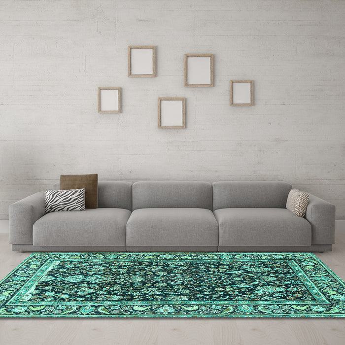 Machine Washable Persian Turquoise Traditional Area Rugs in a Living Room,, wshtr1034turq